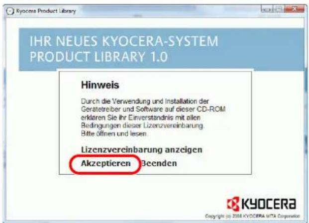 IHR NEUES KYOCERA-SYSTEM PRODUCT LIBRARY 1.0 Hinweis Durch die Verwendung und Installation der Geratetreiber und Software auf dieser CD-ROM erklaren Sie Ihr Einverständnis mit allen Bedingungen dieser Lizenzvereinbarung. Bitte öffnen und lesen. Lizenzvereinbarung anzeigen Akzeptieren Beenden KYOCERA Copyright © 2004 KYOCERA MITA Corporation