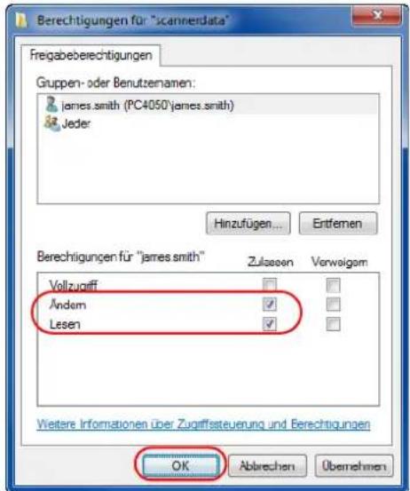 Berechtigungen für "scannerdata" Fregaberechtigungen Gruppen- oder Benutzenamen: james.smith (PC4050'james.smith) Jeder Hinzufügen... Ertfemen Berechtigungen für "james.smith" Zulassen Verwalsam Vollzugff Andem Lesen Weitere Informationen über Zugriffsteuerung und Berechtigungen OK Abbrechen Übernehmen