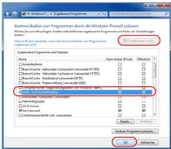 Kommunikation von Programmen durch die Windows- Firewall zulassen Klichen Sie zum Hinaufügen, Anders oder öffnernen zugelassener Programme und Ports auf "Einstellungen anden". Welche Plicken bestehen, wenn die Kommunikation von Programmen zugelassen wird? Zugelassene Programme und Features: Name Hein/Arbeit (Privat) Öffentlich □ Anmeldienges □ □ □ BranchCache - Gehoslater Cacheclient (verwendet HTTPS) □ □ □ BranchCache - Gehoslater Cacheserver (verwendet HTTPS) □ □ □ BranchCache - Inhaltsbruf (verwendet HTTP) □ □ □ BranchCache - Perermittlung (verwendet WID) □ □ □ Competentlichen Registerungsorient von Windows- Team... □ □ ☑ Daten - und Diskemarginpale □ □ □ Distributed Transaction Coordinator □ □ □ Heimnetzgruppe □ □ □ iSCSI -Denst □ □ □ Kennietzwerk □ □ □ Lristungsroteckolle und -wanungen □ □ Details... Enformen Andere Programmzulassen... OK Abbrechen