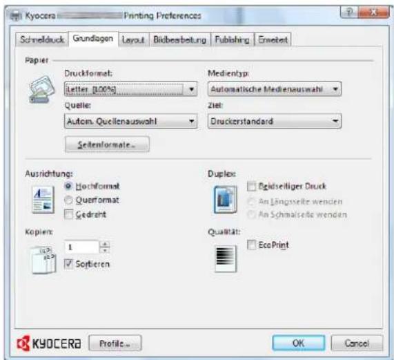 Kyocera Printing Preferences Schmelduck Grundlagen Layout Bildbestellung Publishing Ennetext Papier Druckformat: Letter [100%] Quelle: Autom. Quellenauswahl Medientyp: Automatiche Medienauswahl Ziel: Druckerstandard Seitenformate... Ausrichtung: Hochformat Querformat Gedrent Kopiers: 1 Sojbieren Duplex: Bildseiliger Druck An Längsselte wenden An Schmalselte wenden Qualität: EcoPrint OK Cancel KYOCERA Profile...