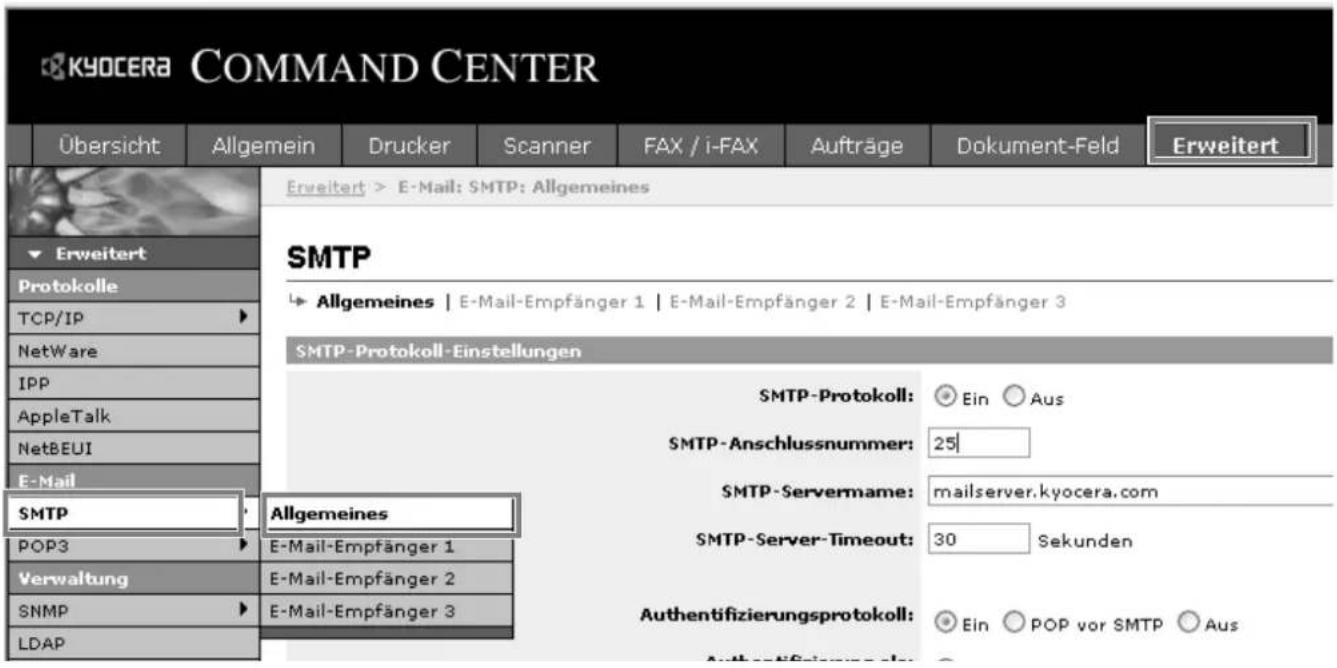 KYOCERA COMMAND CENTER Übersicht Allgemein Drucker Scanner FAX / i-FAX Aufträge Dokument-Feld Erweitert Erweitert > E-Mail: SMTP: Allgemeines SMTP ► Allgemeines | E-Mail-Empfänger 1 | E-Mail-Empfänger 2 | E-Mail-Empfänger 3 SMTP-Protokoll-Einstellungen SMTP-Protokoll: Ein Aus SMTP-Anschlussnummer: 25 SMTP-Servername: mailserver.kyocera.com SMTP-Server-Timeout: 30 Sekunden Authentifizierungsprotokoll: Ein POP vor SMTP Aus POP3 E-Mail-Empfänger 1 Verwaltung E-Mail-Empfänger 2 SNMP E-Mail-Empfänger 3 LDAP
