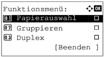 Funktionsmenü: 01 Papierauswahl 02 Gruppieren 03 Duplex [Beenden ]