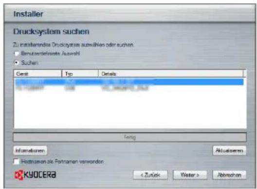 Installer Drucksystem suchen Zu installende Drucksystem auswählen oder suchen Benutterdefinnte Auswahl Suchen Gest Typ Details Feng Informationen Aktualserm Postnamen als Postnamen verwenden KYOCERA < Zurück Water > Abbrachten