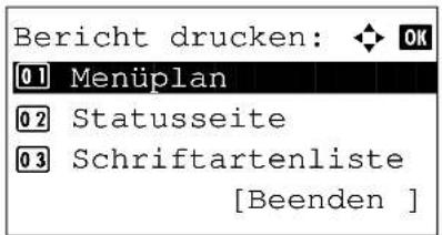 Bericht drucken: OK 01 Menüplan 02 Statusseite 03 Schriftartenliste [Beenden ]