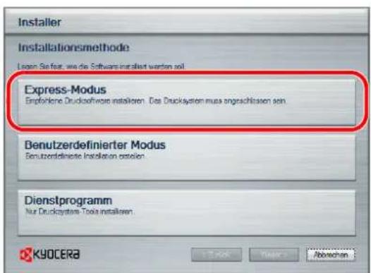Installer Installationsmethode Logen Sie fest, wie die Software installt worden soll Express-Modus Empfohlene Drucksoftware installaren. Das Drucksystem muss angeschlossen sein Benutzerdefinierter Modus Benutzerdefinierte Installation destellen Dienstprogramm Nur Drucksystem Tools installaren OK Cancel Abrechen KYOCERA