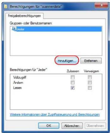Berechtigungen für "scannerdata" Freigabeberechtigungen Gruppen- oder Benutzemaren Jeder Hinzufügen... Entfernen Berechtigungen für "Jeder" Zulassen Verweigem Vollzugriff Andom Lesen Wetere Informationen über Zugriffssteuerung und Berechtigungen OK Abbrehen Übernehmen