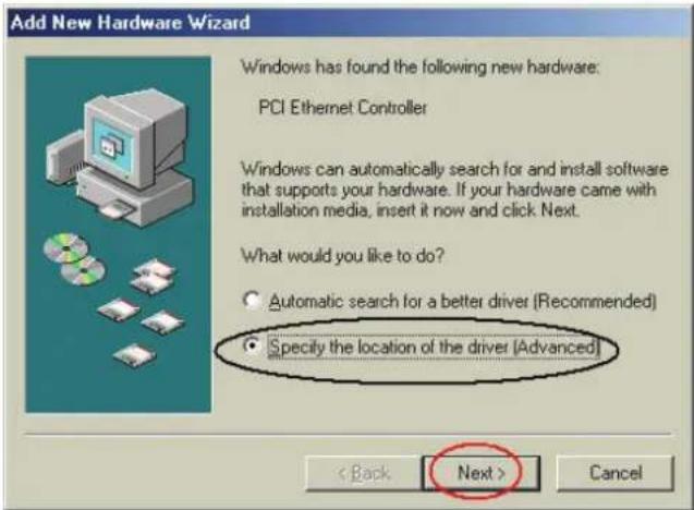 Add New Hardware Wizard Windows has found the following new hardware: PCI Ethernet Controller Windows can automatically search for and install software that supports your hardware. If your hardware came with installation media, insert it now and click Next. What would you like to do? • Automatic search for a better driver (Recommended) • Specify the location of the driver (Advanced) < Back Next > Cancel