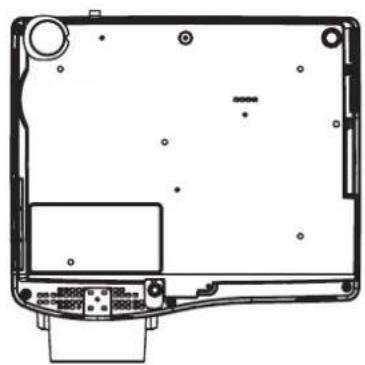Technical line drawing of a device rear panel with mounting holes and internal components (no text or symbols)