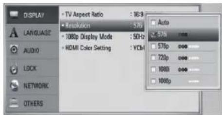 DISPLAY • TV Aspect Ratio : 16:9 • Resolution : 5.76 • 1000p Display Mode : 50Hz • HDMI Color Setting : YCb AUDIO LOCK NETWORK OTHERS Auto 576p 576p 720p 1000p 1000p