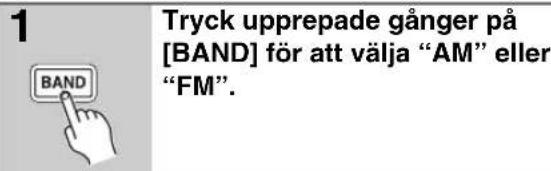 1 Tryck upprepade gånger på [BAND] för att välja "AM" eller "FM". BAND