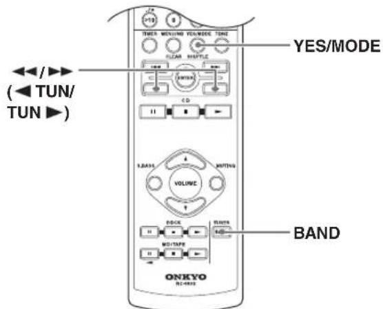 THER MENDING VOLUME TONE √LICAR RAPITLE (◀ TUN/ TUN ▶) YES/MODE VOLUME RABIN MOTING PICK RUNTER MO/TAPE BAND ONKYO RC-1000
