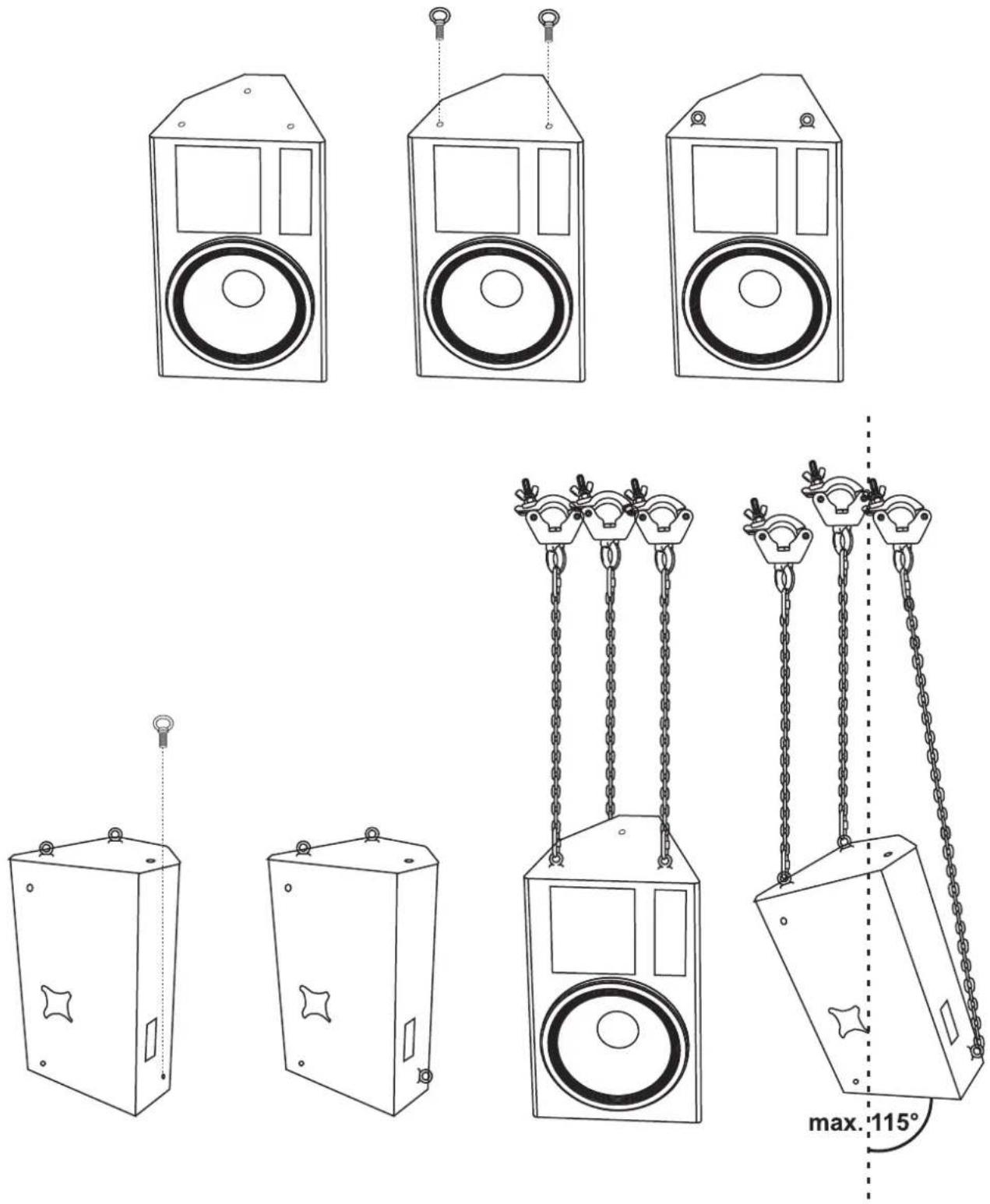 Technical diagram showing various speaker models and hanging weights with angular annotation of max.115°