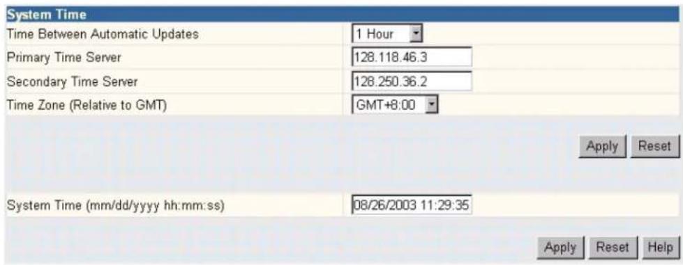 System Time Time Between Automatic Updates 1 Hour Primary Time Server 128.118.46.3 Secondary Time Server 128.250.36.2 Time Zone (Relative to GMT) GMT+8:00 System Time (mm/dd/yyyy hh:mm:ss) 08/26/2003 11:29:35 Apply Reset Apply Reset Help