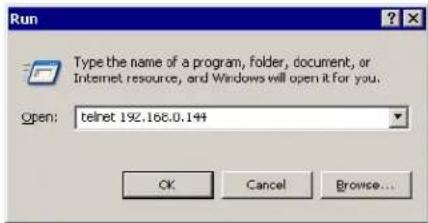 Run Type the name of a program, folder, document, or Internet resource, and Windows will open it for you. Open: telnet 192.168.0.144 OK Cancel Browse...