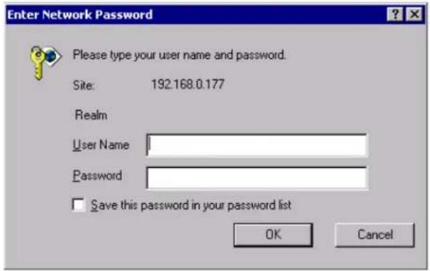 Enter Network Password Please type your user name and password. Site: 192.168.0.177 Realm User Name Password Save this password in your password list OK Cancel