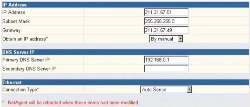 IP Address IP Address 211.21.67.51 Subnet Mask 255.255.255.0 Gateway 211.21.67.49 Obtain an IP address* By manual DNS Server IP Primary DNS Server IP 192.168.0.1 Secondary DNS Server IP Ethernet Connection Type* Auto Sense *: NetAgent will be rebooted when these items had been modified.