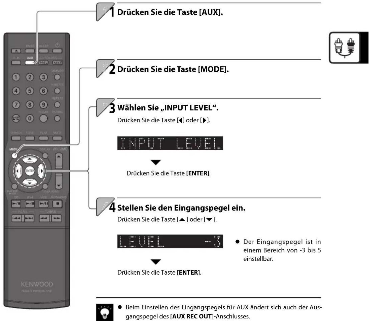 1 Drücken Sie die Taste [AUX]. 2 Drücken Sie die Taste [MODE]. 3 Wählen Sie „INPUT LEVEL“. Drücken Sie die Taste [◀] oder [▶]. INPUT LEVEL Drücken Sie die Taste [ENTER]. 4 Stellen Sie den Eingangspegel ein. Drücken Sie die Taste [▲] oder [▼]. LEVEL -3 ● Der Eingangspegel ist in einem Bereich von -3 bis 5 einstellbar. Drücken Sie die Taste [ENTER]. ● Beim Einstellen des Eingangspegels für AUX ändert sich auch der Ausgangspegel des [AUX REC OUT]-Anschlusses.