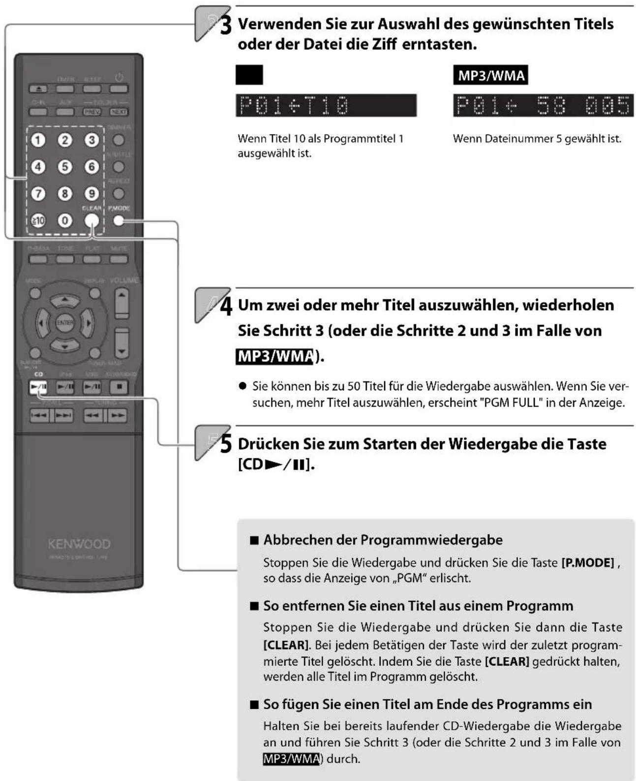 3 Verwenden Sie zur Auswahl des gewünschten Titels oder der Datei die Ziff erntasten. P01+T10 Wenn Titel 10 als Programmtitel 1 ausgewählt ist. MP3/WMA P01+ 58 005 Wenn Dateinummer 5 gewählt ist. 4 Um zwei oder mehr Titel auszuwählen, wiederholen Sie Schritt 3 (oder die Schritte 2 und 3 im Falle von MP3/WMA). • Sie können bis zu 50 Titel für die Wiedergabe auswählen. Wenn Sie versuchen, mehr Titel auszuwählen, erscheint "PGM FULL" in der Anzeige. 5 Drücken Sie zum Starten der Wiedergabe die Taste [CD►-/II]. ■ Abbrechen der Programmwiedergabe Stoppen Sie die Wiedergabe und drücken Sie die Taste [P.MODE] , so dass die Anzeige von „PGM“ erlischt. ■ So entfernen Sie einen Titel aus einem Programm Stoppen Sie die Wiedergabe und drücken Sie dann die Taste [CLEAR]. Bei jedem Betätigen der Taste wird der zuletzt programmierte Titel gelöscht. Indem Sie die Taste [CLEAR] gedrückt halten, werden alle Titel im Programm gelöscht. ■ So fügen Sie einen Titel am Ende des Programms ein Halten Sie bei bereits laufender CD-Wiedergabe die Wiedergabe an und führen Sie Schritt 3 (oder die Schritte 2 und 3 im Falle von MP3/WMA) durch.