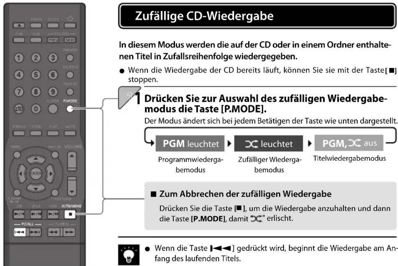 Zufällige CD-Wiedergabe In diesem Modus werden die auf der CD oder in einem Ordner enthaltenen Titel in Zufallsreihenfolge wiedergegeben. ● Wenn die Wiedergabe der CD bereits läuft, können Sie sie mit der Taste[■] stoppen. 1 Drücken Sie zur Auswahl des zufälligen Wiedergabemodus die Taste [P.MODE]. Der Modus ändert sich bei jedem Betätigen der Taste wie unten dargestellt. PGM leuchtet Programmwiedergabemodus leuchtet Zufälliger Wiedergabemodus PGM, aus Titelwiedergabemodus ■ Zum Abbrechen der zufälligen Wiedergabe Drücken Sie die Taste [■], um die Wiedergabe anzuhalten und dann die Taste [P.MODE], damit "×" erlischt. ● Wenn die Taste [◀◀] gedrückt wird, beginnt die Wiedergabe am Anfang des laufenden Titels.