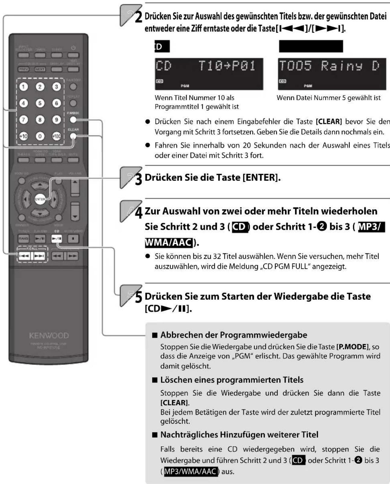 2 Drücken Sie zur Auswahl des gewünschten Titels bzw. der gewünschten Datei entweder eine Ziff erntaste oder die Taste[I◀◀]/[▶▶▶I]. D CD T10+P01 CD PGM Wenn Titel Nummer 10 als Programmtitel 1 gewählt ist T005 Rainy D CD PGM Wenn Datei Nummer 5 gewählt ist • Drücken Sie nach einem Eingabefehler die Taste [CLEAR] bevor Sie den Vorgang mit Schritt 3 fortsetzen. Geben Sie die Details dann nochmals ein. • Fahren Sie innerhalb von 20 Sekunden nach der Auswahl eines Titels oder einer Datei mit Schritt 3 fort. 3 Drücken Sie die Taste [ENTER]. 4 Zur Auswahl von zwei oder mehr Titeln wiederholen Sie Schritt 2 und 3 (CD) oder Schritt 1-2 bis 3 (MP3/WMA/AAC). • Sie können bis zu 32 Titel auswählen. Wenn Sie versuchen, mehr Titel auszuwählen, wird die Meldung „CD PGM FULL“ angezeigt. 5 Drücken Sie zum Starten der Wiedergabe die Taste [CD▶/II]. ■ Abbrechen der Programmwiedergabe Stoppen Sie die Wiedergabe und drücken Sie die Taste [P.MODE], so dass die Anzeige von „PGM“ erlischt. Das gewählte Programm wird damit gelöscht. ■ Löschen eines programmierten Titels Stoppen Sie die Wiedergabe und drücken Sie dann die Taste [CLEAR]. Bei jedem Betätigen der Taste wird der zuletzt programmierte Titel gelöscht. ■ Nachträgliches Hinzufügen weiterer Titel Falls bereits eine CD wiedergegeben wird, stoppen Sie die Wiedergabe und führen Schritt 2 und 3 (CD oder Schritt 1-2 bis 3 (MP3/WMA/AAC) aus.