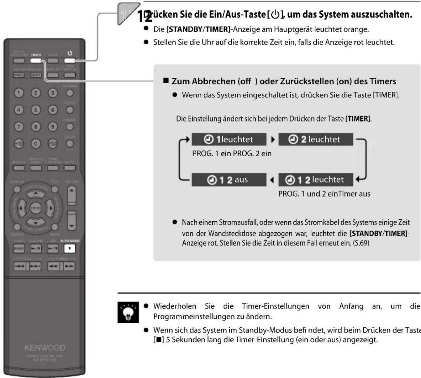 12 Drücken Sie die Ein/Aus-Taste [☐], um das System auszuschalten. • Die [STANDBY/TIMER]-Anzeige am Hauptgerät leuchtet orange. • Stellen Sie die Uhr auf die korrekte Zeit ein, falls die Anzeige rot leuchtet. ■ Zum Abbrechen (off ) oder Zurückstellen (on) des Timers • Wenn das System eingeschaltet ist, drücken Sie die Taste [TIMER]. Die Einstellung ändert sich bei jedem Drücken der Taste [TIMER]. PROG. 1 ein PROG. 2 ein 12 aus PROG. 1 und 2 einTimer aus • Nach einem Stromausfall, oder wenn das Stromkabel des Systems einige Zeit von der Wandsteckdose abgezogen war, leuchtet die [STANDBY/TIMER]-Anzeige rot. Stellen Sie die Zeit in diesem Fall erneut ein. (S.69) Wiederholen Sie die Timer-Einstellungen von Anfang an, um die Programmeinstellungen zu ändern. • Wenn sich das System im Standby-Modus bef i ndet, wird beim Drücken der Taste [■] 5 Sekunden lang die Timer-Einstellung (ein oder aus) angezeigt.