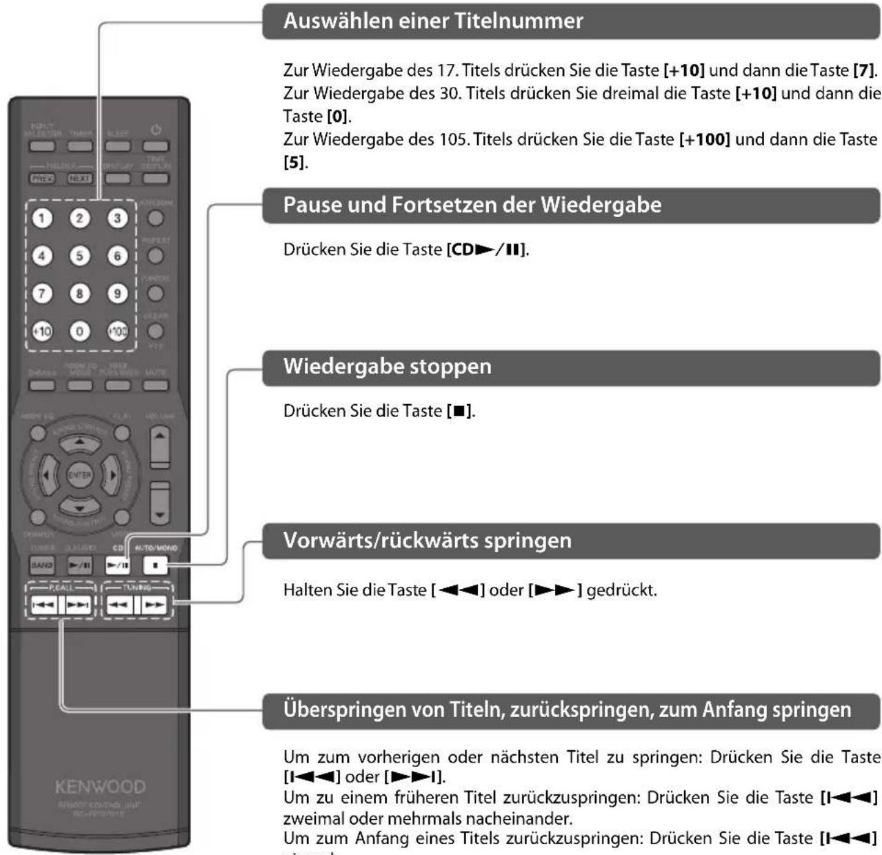 Auswählen einer Titelnummer Zur Wiedergabe des 17. Titels drücken Sie die Taste [+10] und dann die Taste [7]. Zur Wiedergabe des 30. Titels drücken Sie dreimal die Taste [+10] und dann die Taste [0]. Zur Wiedergabe des 105. Titels drücken Sie die Taste [+100] und dann die Taste [5]. Pause und Fortsetzen der Wiedergabe Drücken Sie die Taste [CD►/II]. Wiedergabe stoppen Drücken Sie die Taste [■]. Vorwärts/rückwärts springen Halten Sie die Taste [◄◄►] oder [►►►] gedrückt. Überspringen von Titeln, zurückspringen, zum Anfang springen Um zum vorherigen oder nächsten Titel zu springen: Drücken Sie die Taste [I◄◄◄►] oder [►►►►I]. Um zu einem früheren Titel zurückzuspringen: Drücken Sie die Taste [I◄◄◄►] zweimal oder mehrmals nacheinander. Um zum Anfang eines Titels zurückzuspringen: Drücken Sie die Taste [I◄◄◄►] einmal