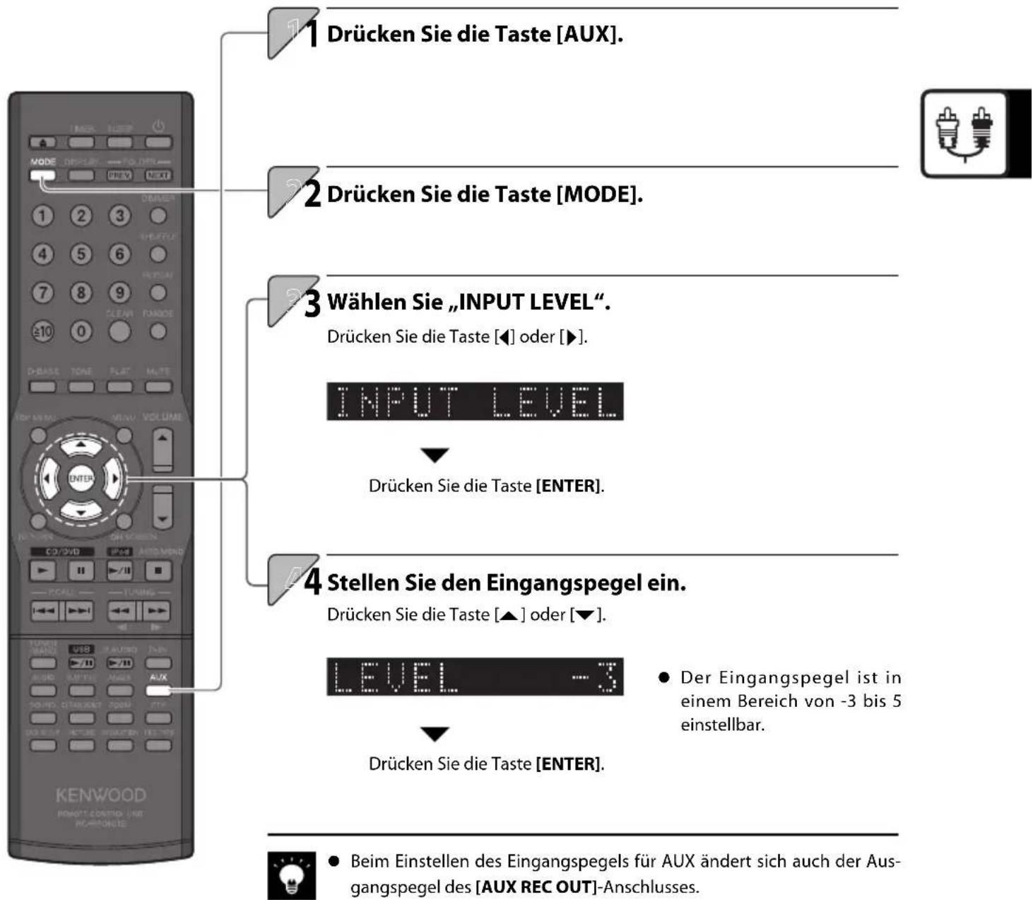 1 Drücken Sie die Taste [AUX]. 2 Drücken Sie die Taste [MODE]. 3 Wählen Sie „INPUT LEVEL“. Drücken Sie die Taste [◀] oder [▶]. INPUT LEVEL Drücken Sie die Taste [ENTER]. 4 Stellen Sie den Eingangspegel ein. Drücken Sie die Taste [▲] oder [▼]. LEVEL ● Der Eingangspegel ist in einem Bereich von -3 bis 5 einstellbar. Drücken Sie die Taste [ENTER]. ● Beim Einstellen des Eingangspegels für AUX ändert sich auch der Ausgangspegel des [AUX REC OUT]-Anschlusses.