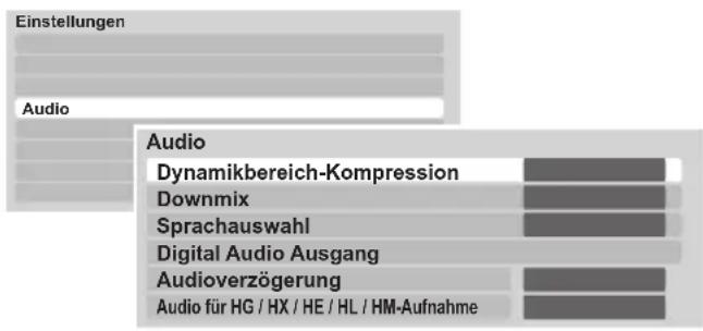 Einstellungen Audio Audio Dynamikbereich-Kompression Downmix Sprachauswahl Digital Audio Ausgang Audioverzögerung Audio für HG / HX / HE / HL / HM-Aufnahme