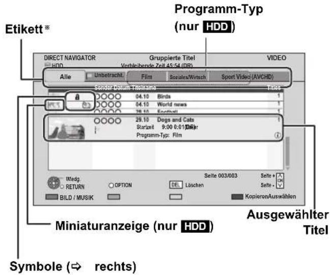 Programm-Typ (nur HDD) Direct NAVIGATOR Gruppierte Titel VIDEO HDD Verbleibende Zeit 45:54 (DB) Alle Unbetracht Film Sozoles/Wirtschaft Spot Video (AVCHD) Sensor Datum Tachnahme 1000 04.10 Birds 04.10 World news 28.10 Football 29.10 Dogs and Cats Startzeit 9:00 0:01/08/34 Programm-Typ: Film Wedg Seite 003/003 Seite + RETURN OPTION DEL Löschen Seite + BILD / MUSIK KopierenAuswählen Miniaturanzeige (nur HDD) Ausgewählter Titel Symbole (→ rechts)
