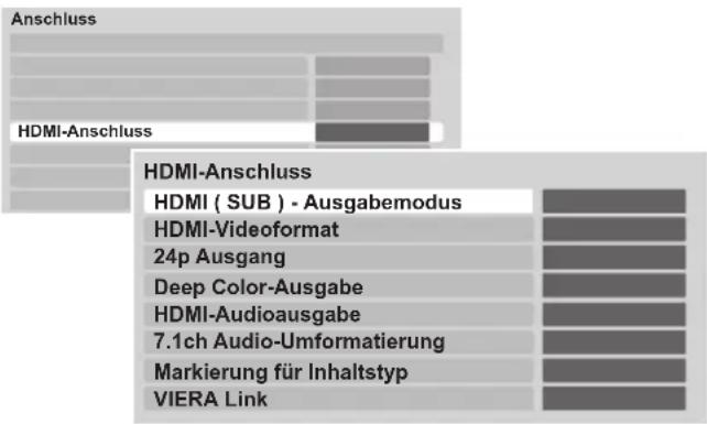 Anschluss HDMI-Anschluss HDMI-Anschluss HDMI ( SUB ) - Ausgabemodus HDMI-Videoformat 24p Ausgang Deep Color-Ausgabe HDMI-Audioausgabe 7.1ch Audio-Umformatierung Markierung für Inhaltstyp VIERA Link