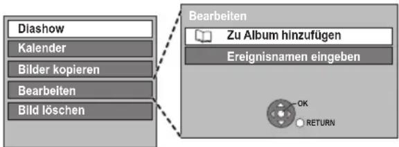 Diashow Kalender Bilder kopieren Bearbeiten Bild löschen Bearbeiten Zu Album hinzufügen Ereignisnamen eingeben OK RETURN