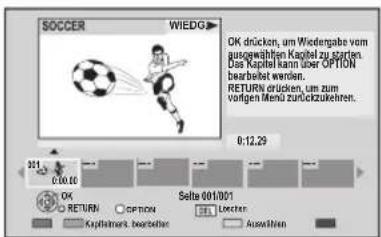 SOCCER WIEDG OK drücken, um Wiedergabe vom ausgewählten Kapital zu garten. Das Kapital kann über OPTION bewertet wurden. RETURN drücken, um zum vorigen Mendz zurückzukehren. 0:12.29 301 C10.10 OK RETURN OPTION Seite 601/001 Lichten Kapitalmarkt beziehen Ausstehen