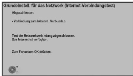 Grundelnstell. für das Netzwerk (Internet-Verbindungstest) Abgeschlossen. • Verbindung zum Internet : Verbunden Test der Netzwerkverbindung abgeschlossen. Das Internet ist verfügbar. Zum Fortsetzen OK drücken.