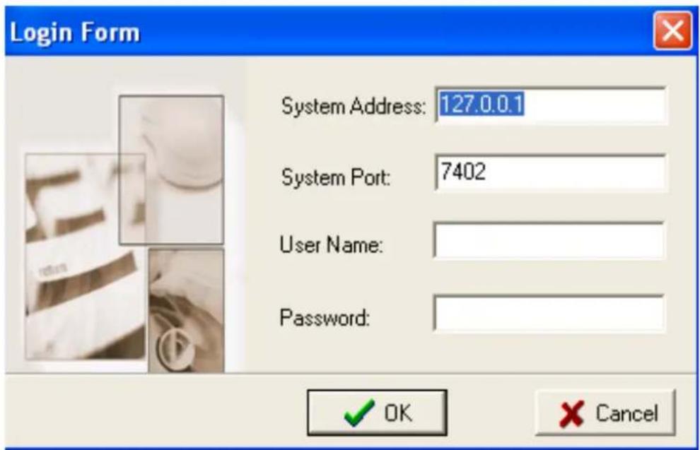 Login Form System Address: 127.0.0.1 System Port: 7402 User Name: Password: OK Cancel