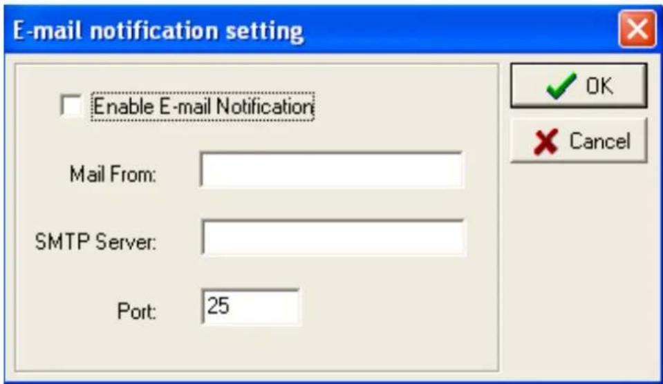 E-mail notification setting Enable E-mail Notification Mail From: SMTP Server: Port: 25 OK Cancel