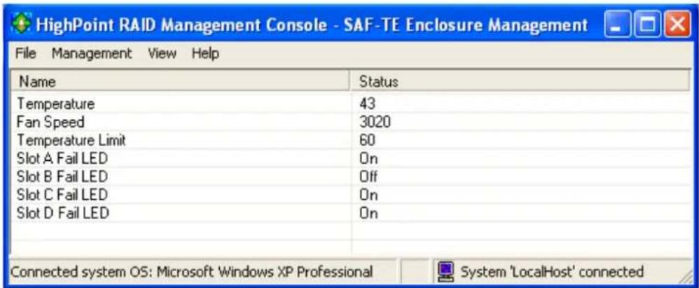 HighPoint RAID Management Console - SAF-TE Enclosure Management File Management View Help Name Status Temperature 43 Fan Speed 3020 Temperature Limit 60 Slot A Fail LED On Slot B Fail LED Off Slot C Fail LED On Slot D Fail LED On Connected system OS: Microsoft Windows XP Professional System 'LocalHost' connected