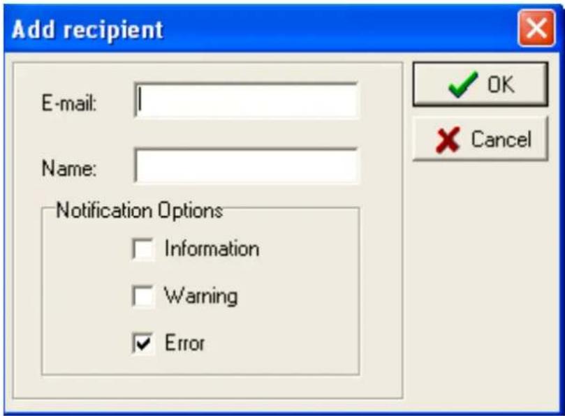 Add recipient E-mail: Name: Notification Options Information Warning Error OK Cancel