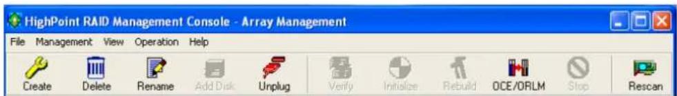 HighPoint RAID Management Console - Array Management File Management View Operation Help Create Delete Rename Add Disk Unplug Verify Initialize Rebuild OCE/ORLM Stop Rescan