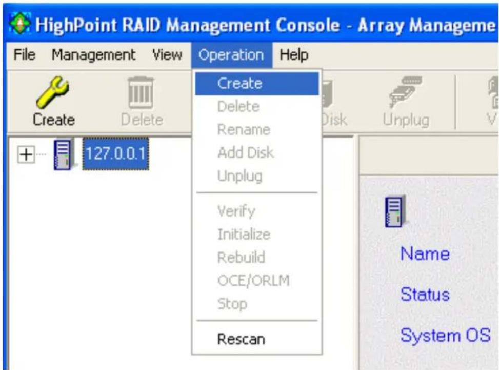HighPoint RAID Management Console - Array Manageme File Management View Operation Help Create Delete Rename Add Disk Unplug Verify Initialize Rebuild OCE/ORLM Stop Rescan Name Status System OS