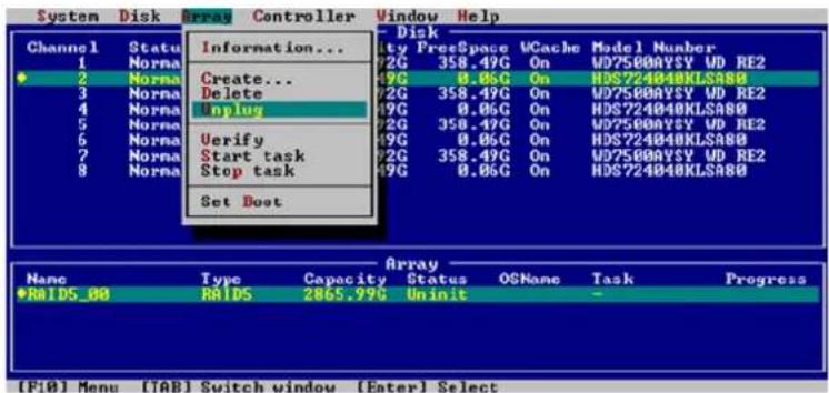 System Disk Array Controller Window Help Channel Status Information... 1 Norma Create... 2 Norma Delete 3 Norma nplug 4 Norma 5 Norma 6 Norma 7 Norma Start task 8 Norma Stop task Set Boot Disk lty FreeSpace UCache Model Number 2G 358.49G On WD75000Y5Y MD RE2 9G 0.05G On HDS724040KLSA80 2G 358.49G On WD75000Y5Y MD RE2 9G 0.05G On HDS724040KLSA80 2G 358.49G On WD75000Y5Y MD RE2 9G 0.05G On HDS724040KLSA80 2G 388.49G On WD75000Y5Y MD RE2 9G 0.05G On HDS724040KLSA80 Array Nanc Type Capacity Status OSNone Task Progress ◆RAIDS_00 RAIDS 2865.99G Uninit [F10] Menu [TAB] Switch window [Enter] Select