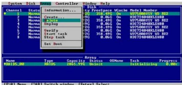 System Disk Array Controller Window Help Channel Status Information... 1 Normal 2 Normal Create... 3 Normal Delete 4 Normal Unplug 5 Normal Verify 6 Normal Start task 7 Normal Stop task 8 Normal Set Boot Disk lty Freespace VCache Model Number 2G 358.49C On WD7500VSY WD RE2 49G 0.06C On HDS724040KLSA8B 72G 358.49C On WD7500VSY WD RE2 49G 0.06C On HDS724040KLSA8B 72G 358.49C On WD7500VSY WD RE2 49G 0.06C On HDS724040KLSA8B 72G 35B.49C On WD7500VSY WD RE2 49G 0.06C On HDS724040KLSA8B Array Name Type Capacity Status OSMName Task Progress RA1DS_0B RA1DS 2865.99C Uninit Initializing 0.00% [F10] Menu [TAB] Switch window [Enter] Select