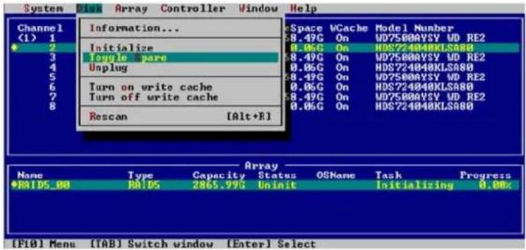 System Disk Array Controller Window Help Channel (1) 1 2 3 4 5 6 7 8 Information... Initialize Toggle Space Unplug Turn on write cache Turn off write cache Rescan [Alt+E] cSpace VCache Model Number S8.49C On WD7500AYSV UD RE2 0.05G On HD6724040KLSA80 S8.49C On WD7500AYSV UD RE2 0.05G On HD6724040KLSA80 S8.49C On WD7500AYSV UD RE2 0.05G On HD6724040KLSA80 S8.49C On WD7500AYSV UD RE2 0.05C On HD6724040KLSA80 Rescan [Alt+E] Name Type Capacity Status OSHane Task Progress RAID5_80 RAIDS 2865.99G Uninit Initializing 0.00% [P10] Menu [TAB] Switch window [Enter] Select