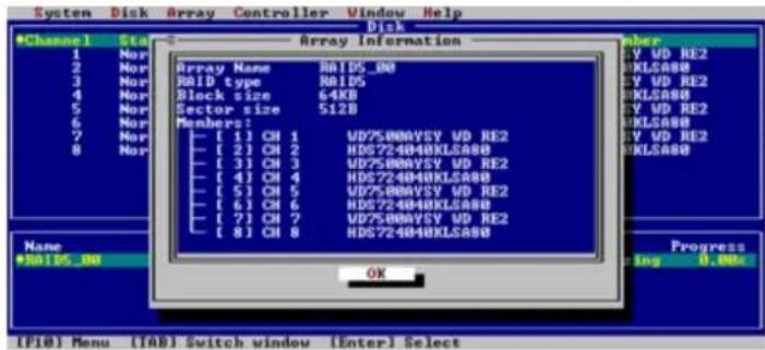 System Disk Array Controller Window Help Disk #Channel State Array Information 1 Nor 2 Nor 3 Nor 4 Nor 5 Nor 6 Nor 7 Nor 8 Nor Array Name: RAID5_00 RBIID type: RAID5 Block size 64KB Sector size 512B Members: [ (1) CH 1 WD75000VSY UD RE2 [ (2) CH 2 HD6724040KLS800 [ (3) CH 3 WD75000VSY UD RE2 [ (4) CH 4 HD6724040KLS800 [ (5) CH 5 WD75000VSY UD RE2 [ (6) CH 6 HD6724040KLS800 [ (7) CH 7 WD75000VSY UD RE2 [ (8) CH 8 HD6724040KLS800 Name: HD105.00 Progress ing 0.00% OK (F10) Menu (TAB) Switch window (Enter) Select