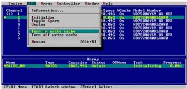 System Disk Array Controller Window Help Channel (1) 1 2 3 4 5 6 7 8 Information... Initialize Toggle Spare Unplug Turn n write cache Turn off write cache Rescan [Alt+R] Space UCache Model Number $8.49C On WD7500AYSY WD RE2 $8.06C On HDS724040KLSA8B $8.49C On WD7500AYSY WD RE2 $8.06C On HDS724040KLSA8B $8.49C On WD7500AYSY WD RE2 $8.06C On HDS724040KLSA8B $8.47G On WD7500AYSY WD RE2 $8.06G On HDS724040KLSA8B Array Name Type Capacity Status OCHane Task Progress RAIDS_80 RAIDS 2865.99G Uninit Initializing 0.00% [F10] Menu [TAB] Switch window [Enter] Select