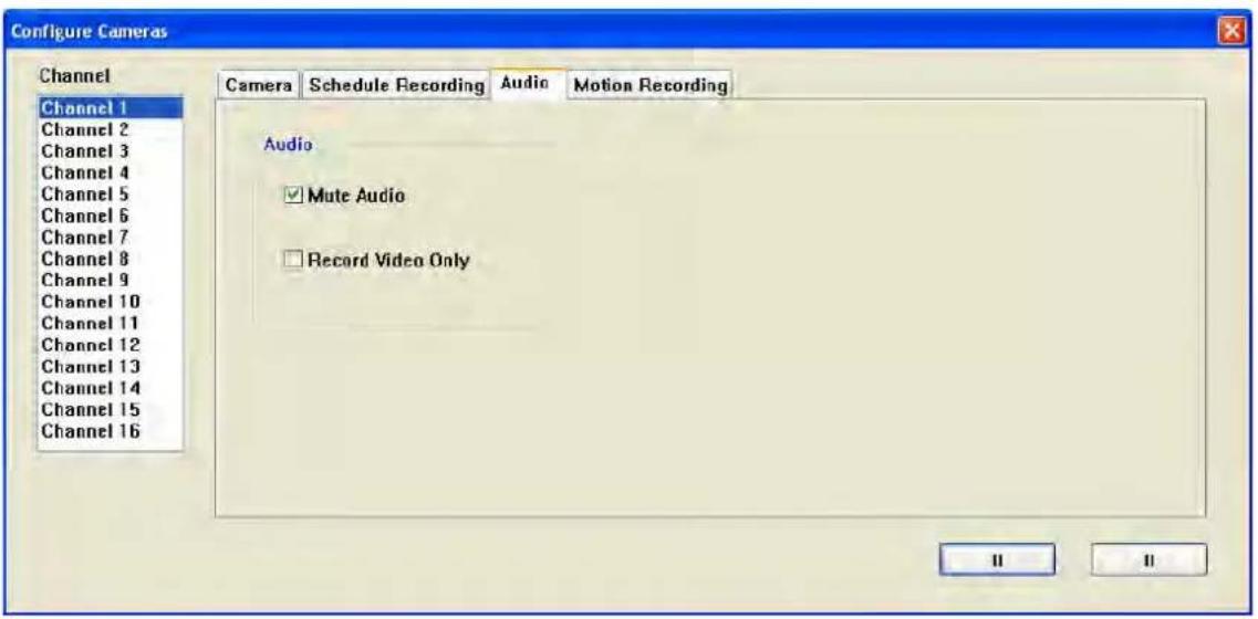 Configure Cameras Channel Channel 1 Channel 2 Channel 3 Channel 4 Channel 5 Channel 6 Channel 7 Channel 8 Channel 9 Channel 10 Channel 11 Channel 12 Channel 13 Channel 14 Channel 15 Channel 16 Camera Schedule Recording Audio Motion Recording Audio ✓ Mute Audio □ Record Video Only II II