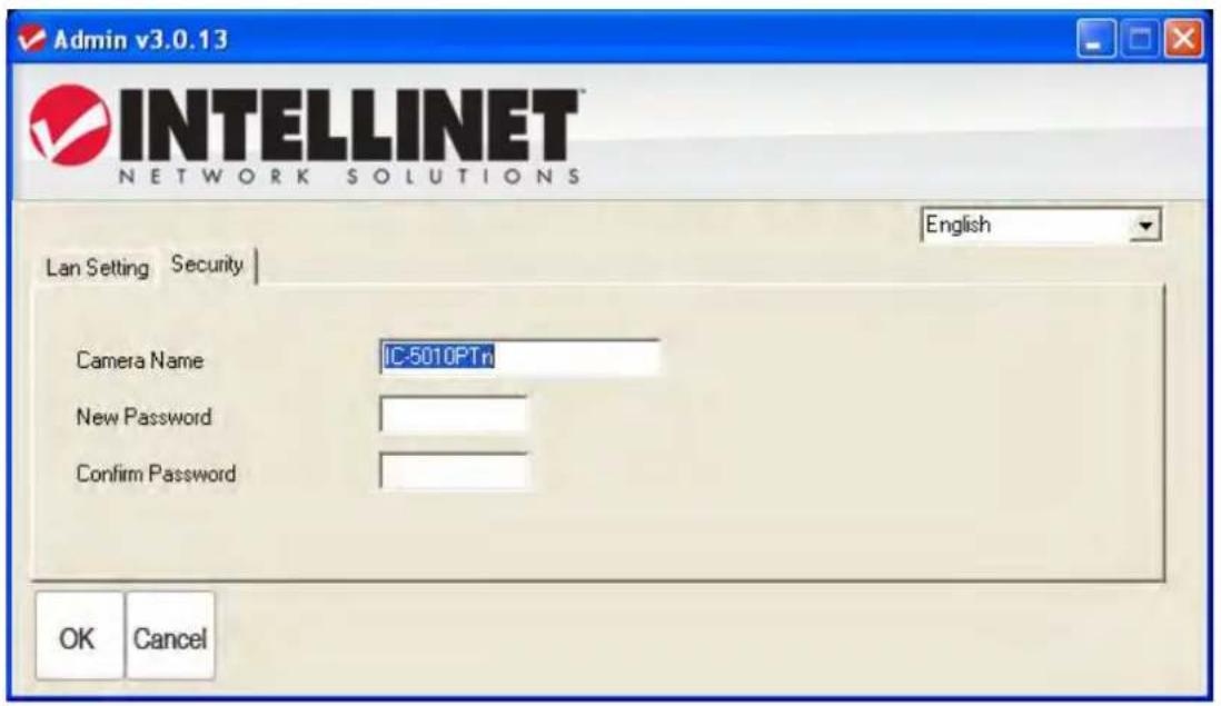 Admin v3.0.13 INTELLINET® NETWORK SOLUTIONS English Lan Setting Security Camera Name IC-5010PTn New Password Confirm Password OK Cancel