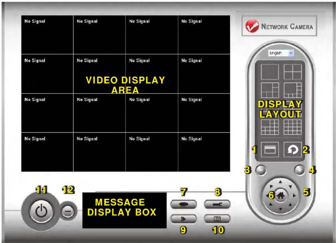 No Signal No Signal No Signal No Signal No Signal No Signal No Signal No Signal No Signal No Signal No Signal VIDEO DISPLAY AREA No Signal No Signal No Signal No Signal MESSAGE DISPLAY BOX 7 8 9 10 NETWORK CAMERA English DISPLAY LAYOUT 1 2 3 4 5