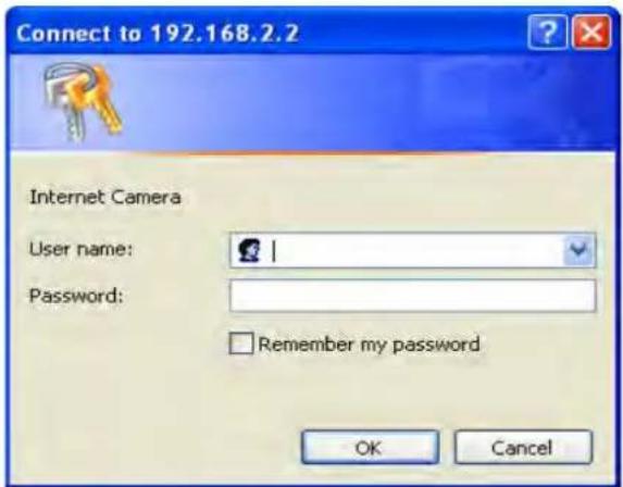 Connect to 192.168.2.2 Internet Camera User name: Password: Remember my password OK Cancel