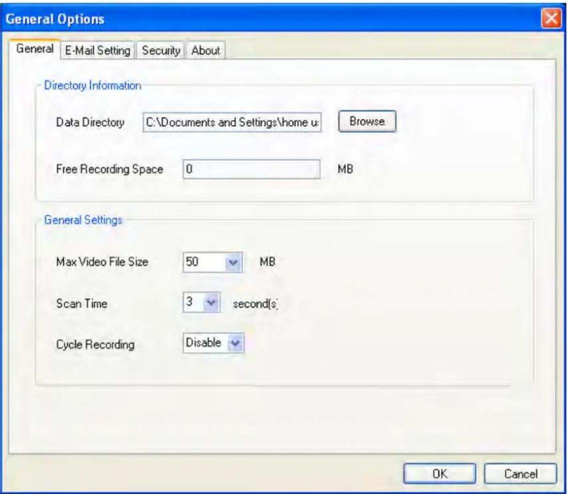 General Options General E-Mail Setting Security About Directory Information Data Directory C:\Documents and Settings\home u Browse Free Recording Space 0 MB General Settings Max Video File Size 50 MB Scan Time 3 second(s) Cycle Recording Disable OK Cancel
