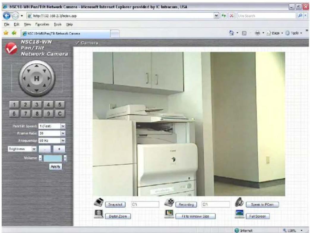 NSC18-WN Pan/Tilt Network Camera - Microsoft Internet Explorer provided by IC Intracom, USA http://102.168.2.3/index.asp File Edit View Favorites Tools Help NSC18-WN Pan/Tilt Network Camera NSC18-WN Pan/Tilt Network Camera Camera 1 2 3 4 5 6 7 8 9 C Pan/Tilt Speed: 1 (Fast) Frame Rate: 30 Frequency:…